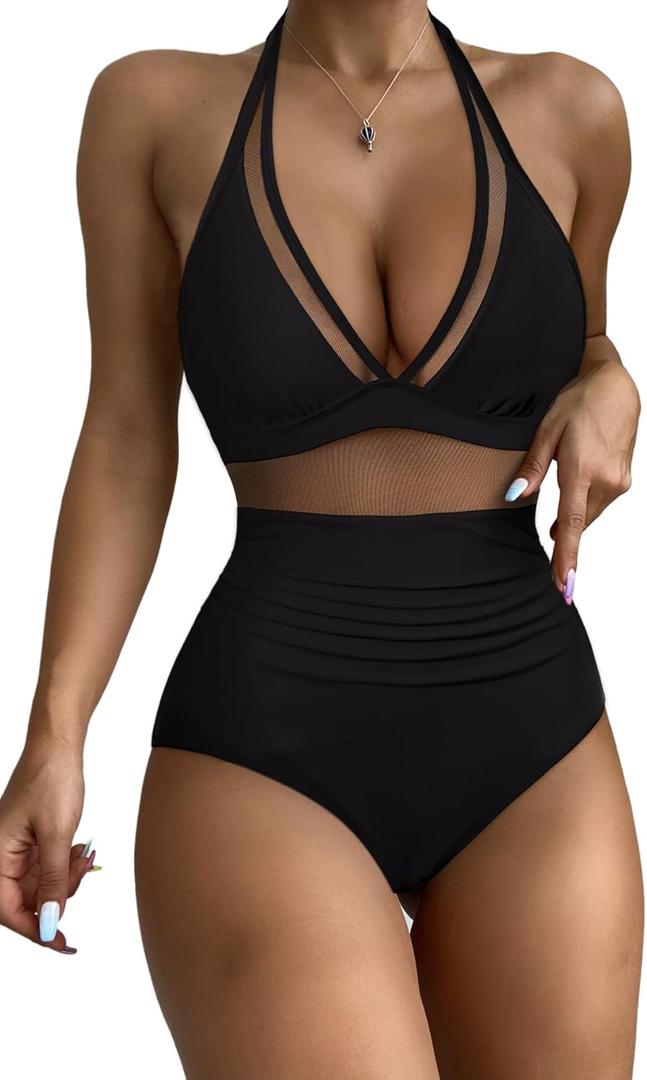 RXRXCOCO Women Sexy V Neck Mesh One Piece Bathing Suit Halter Push Up Tummy Control Swimsuit Swimwear S