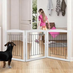 ZJSF Freestanding Foldable Dog Gate for House Extra Wide Wooden Grey Puppy Gate Stairs Dog Gates Doorways Tall Pet Gate 24" Height 3 Panels Pet Fence (Gray)
