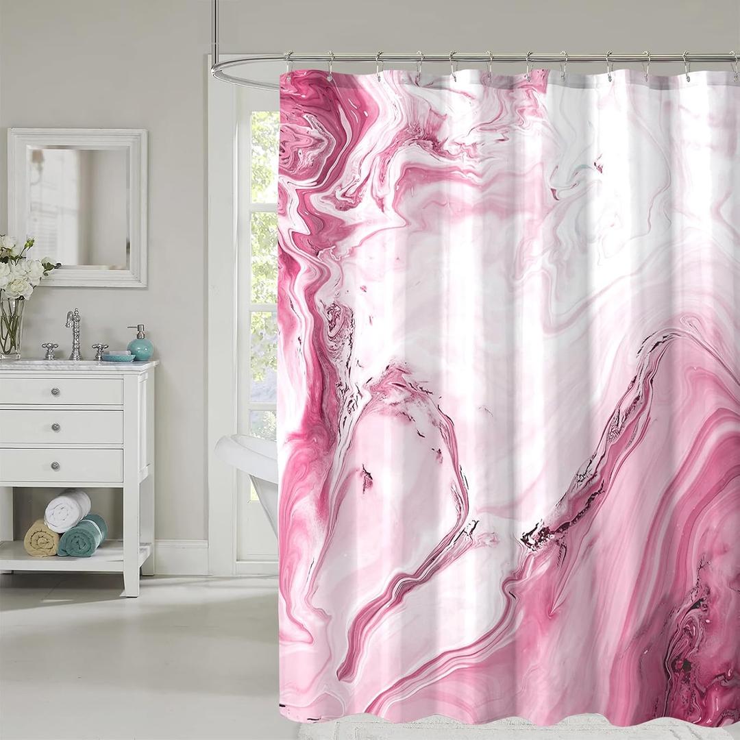 Pink White Shower Curtain, Modern Marble Bathroom Curtains Set with Hooks, Waterfproof Fabric Cloth Home Decor, 72x72 Inch