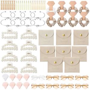 72 Pcs Bridesmaid Proposal Gift Including Bridesmaid Bridal Scrunchies Powder Puff Glasses Jewelry Bag Hairband Suitable for Wedding Gift (Champagne)