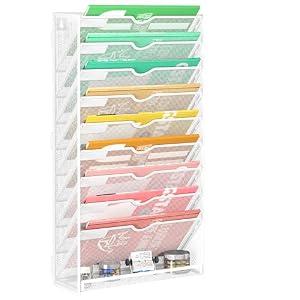 Lavatino 10-Tier Hanging File Organizer, Wall Mount File Holder for Mails Folders Papers Magazine Organization, Vertical Document Organizer for Office Home White