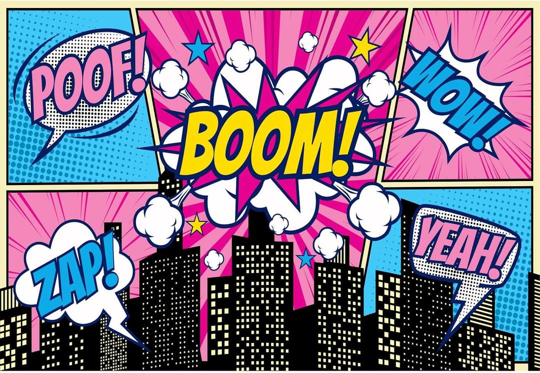 Pink Cartoon Super City Backdrop Cartoon Comic City Super Hero Photography Background Urban Cityscape Night View Boom City Buildings Banner Backdrop Decors for Girl Kids Birthday Party Prop 7x5ft