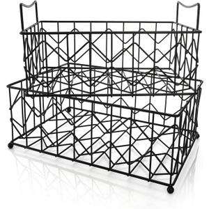 2 Pack Wire Basket for Organizing, Sturdy Metal Storage Bin with Handle, Extra Large Food Organizer for Household Goods, Pantry Cabinet, Kitchen Wardrobe, Bathroom Countertop Laundry, Black