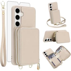 Phone Case for Samsung Galaxy A16 5G/4G Wallet Cell Cover with Tempered Glass Screen Protector Wrist Crossbody Strap Lanyard Stand RFID Blocking Credit Card Holder Zipper A 16 Women Men Girls Beige