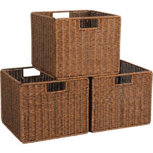 Wicker Storage Basket - Large 12x12x10in Cube, Woven Wicker for Shelves, Pantry, Kitchen & Bathroom Organization (Brown)
