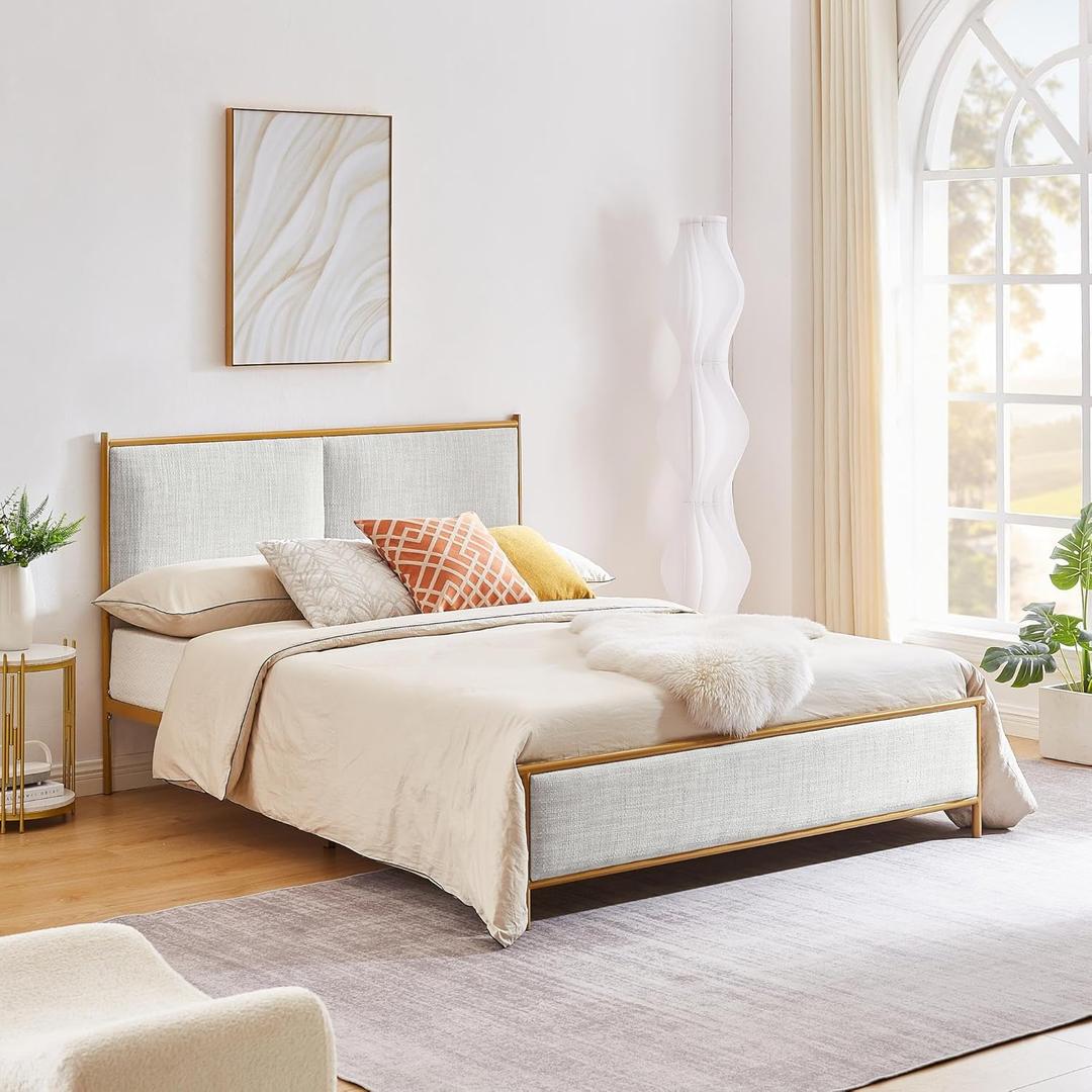 Dolonm Upholstered King Size Platform Bed Frame, with Headboard and Strong Wooden Slats Metal Bed Frames, No Box Spring Needed Sponge Soft Bag Platform Gray Bed (Grey)