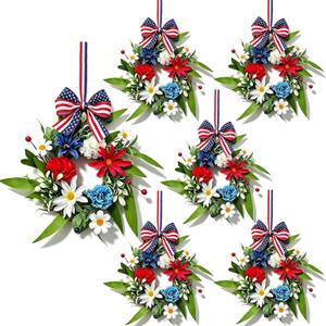 6 Pcs Small 4th of July Hanging Wreaths for Cabinets with Red Carnations Daisy Blooms Artificial Mini Independence Day Candle Ring Wreath with White Chrysanthemums for Front Door Window Porch Wall