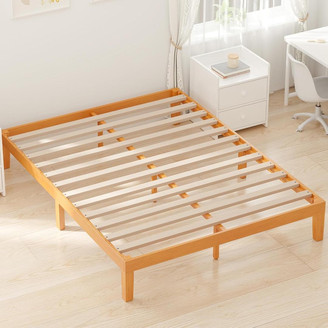 DUMOS Wood Bed Frame Queen Size, 12in Wooden Platform Bed Frame Mattress Foundation with Support Slats, No Spring Needed, Storage Space Under Base, Easy Assembly, Pine