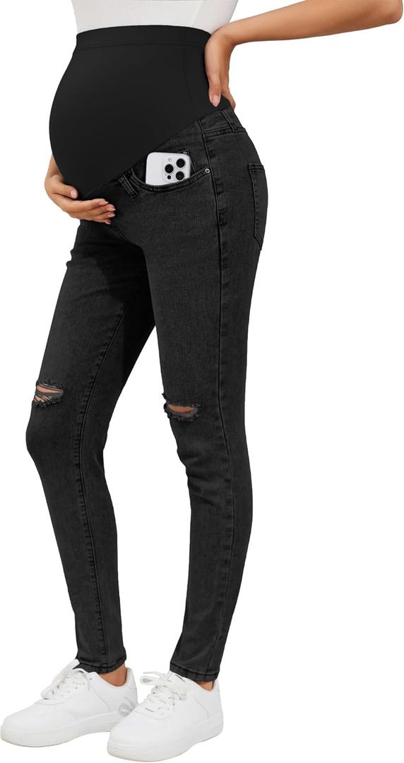 PACBREEZE Women's Maternity Jeans Over Belly Skinny Stretchy Denim Pants Comfy Slim Pregnancy Pants (X-Large, C09: Ripped Black)
