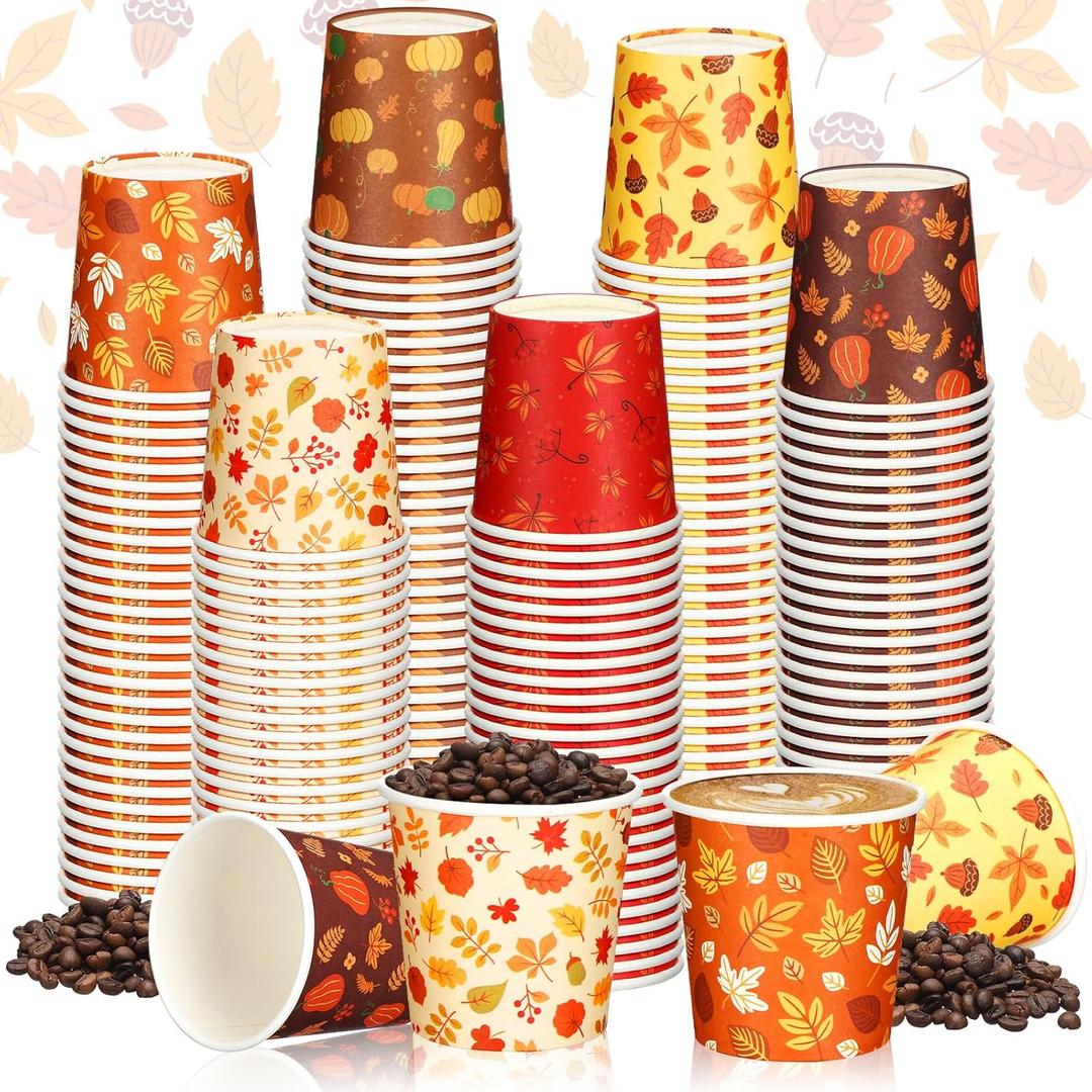 Maxcheck 300 Pcs Fall Thanksgiving Paper Cups 4 oz Disposable Coffee Espresso Cups Pumpkin Maple Leaves Paper Cups 6 Styles Autumn Drink Drinkware for Chocolate Tea Cocoa Beverage Harvest Party Office