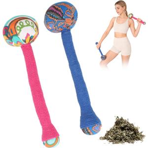 2PCS Herbal Wormwood Lymphatic Drainage Anti Slip Manual Massage Hammer Longer Handle Back Massager for Shoulder, Neck & Muscle Pain Relief (Rose Red/Dark Blue)
