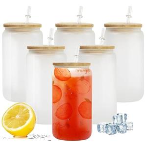 AGH Frosted 16OZ 11Pack Sublimation Glass Cups with Lids and Straws,Iced Glass Cups,Can Glass Tumbler with Lids and Straws,Drinking Glass Tumbler for Iced Coffee,Whiskey,Soda,Milk,Juice.