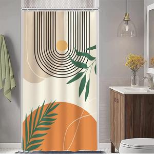 Ruelvth Stall Shower Curtain, Mid Century Boho Sun Small Shower Curtain for Bathroom Waterproof Abstract Leaves Orange and Beige Shower Curtain Set with Hooks, 36x72 Inch