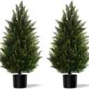 Artificial Topiary Cedar Trees 3FT Tall 2 Set, Outdoor Indoor Faux Pine Shrubs Plants, Realistic Fake Plants Front Porch Decor, Artificial Bushes Cypress for Home Front Door Offices
