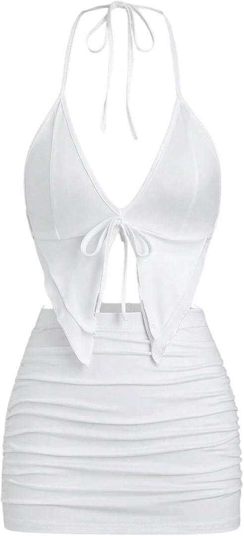SHENHE Women's Y2k 2 Piece Sexy Outfits Backless Halter Crop Top and Ruched Bodycon Mini Skirt Set (Large, White)