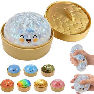 Glitter Dumpling Squishy, New Mystery Glitter Dumpling Squishies Box, Jumbo Squishy Toy with Steamer Box, Colorful Fidget Stress Balls, Soft Squeeze Decompression Dough Sensory Play Toy(Glitter White)