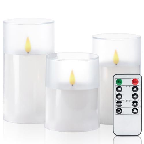 Eywamage Flameless Candles Set of 3, White Acrylic LED Candles Upgraded Realistic Battery Operated Flames with Remote & Timer, Waterproof for Indoor,Outdoor Decor, Halloween & Christmas Lanterns