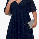 FENJAR Womens Elegance Audrey Hepburn Style Ruched 3/4 Sleeve Midi A-line Dress XL Navy Blue (Blue, XL)
