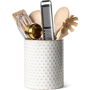 LE TAUCI Utensil Holder for Kitchen Counter - 7.1" Large Ceramic Kitchen Utensil Holder, Embossed Cooking Utensil Crock for Spatula, Spoon - Farmhouse Kitchen Decor & Organizer, White, Clover