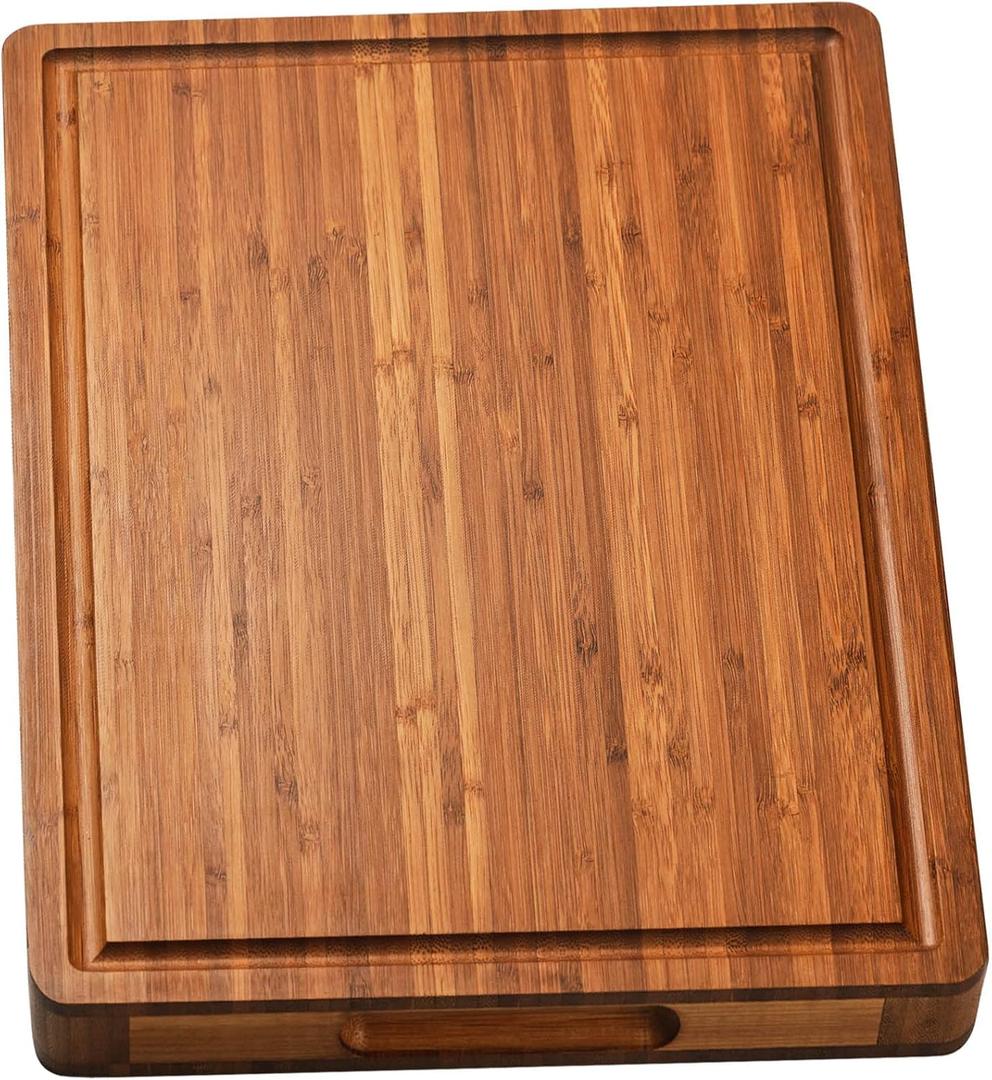Bamboo Wood Cutting Board for Kitchen, Cheese Chopping Board, Butcher Block, 1.2" Thick with Hidden Side Handles and Juice Grooves (Carbonized)