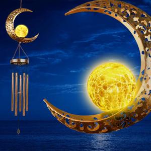 Solar Wind Chimes, Sun Wind Chime Outdoor Clearance w/Glowing Crackle Glass LED Unique Wind Bells for Outside Waterproof Chimes, Gifts for Her/Him (42" Long Metal Chimes)