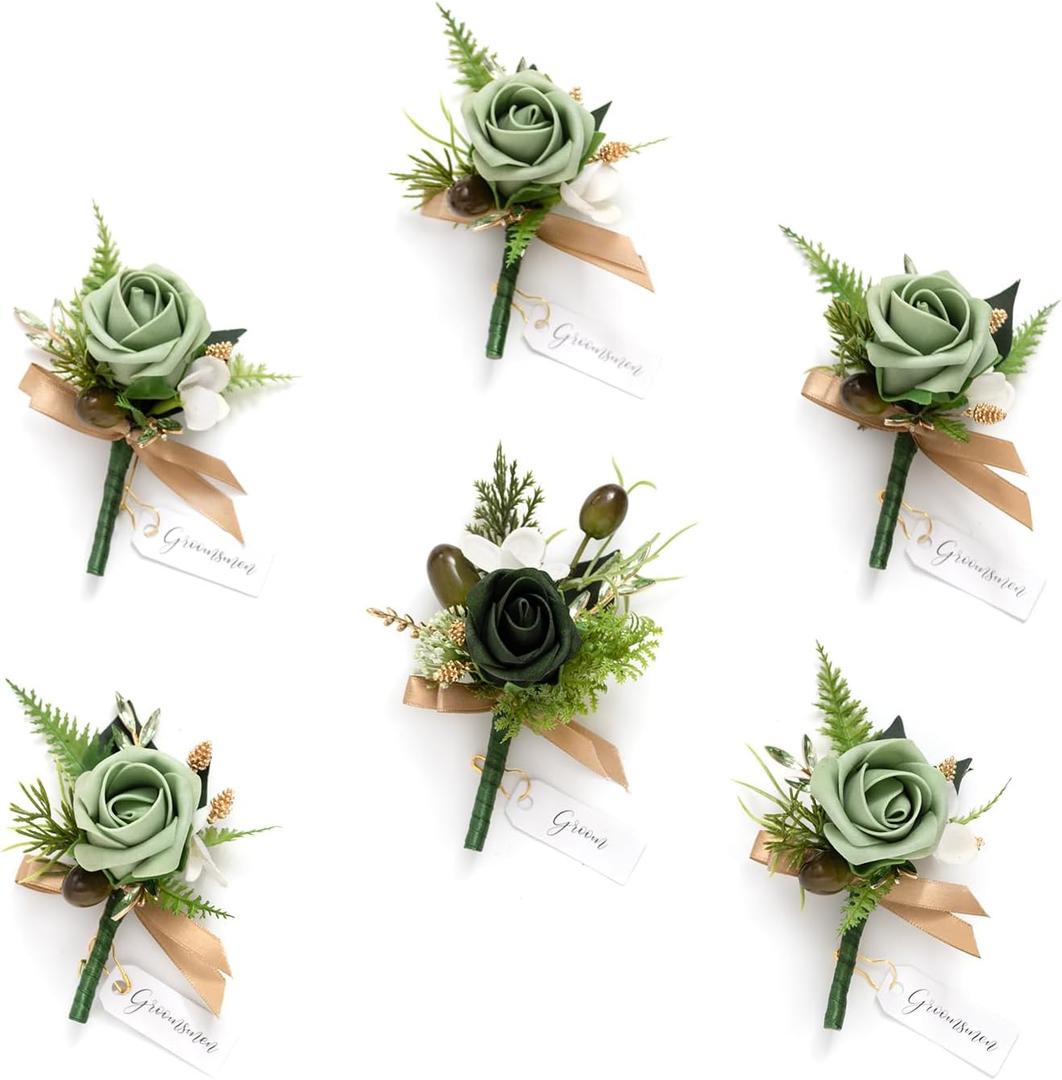 Ling's moment Boutonniere for Men, 6pcs Groom Groomsmen Boutonniere with Built-in Pins, Artificial Flowers for Wedding Decor/Prom/Homecoming, etc. Green Beige