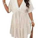 WDIRARA Women's Plus Size Striped V Neck Tshirts Dress Summer Ruffle Hem Flowy A Line Short Dresses Apricot X-Large Plus