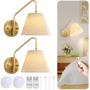 Gold Wireless Wall Sconces Set of Two, Swing Arm Battery Wall Sconce, Battery Operated Wall Sconce with Remote, Battery Sconces with Linen Lampshade, Rechargeable Wall Lights for Living Room