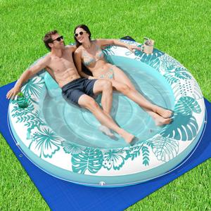 Inflatable Tanning Pool Lounger Float with Protection Tarp, 75" x 75" Pool Floats Adult with Pillow, 6 in 1 Suntan Tub Raft Floatie, Sunbathing Water Lounge Blow Up Pool Kids Ball Pit Party Gifts-Cyan
