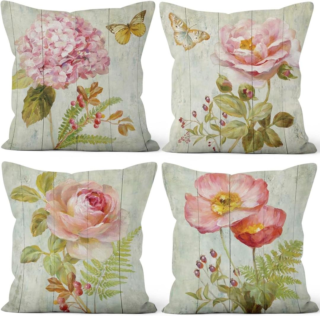 4 Pcs/Set Floral Pillow Covers Vintage Peony Rose Flowers Colorful Butterflies Geometric Check Natural Plants Valentine Throw Pillow Covers for Outdoor Couch Sofa Bedroom Decor, 18"x18"