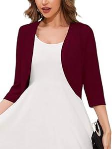 Women's 3/4 Sleeve Open Front Cardigan V-Neck Knit Cropped Bolero Shrug Sweater for Women (A10-magenta) M