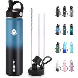 SENDESTAR Insulated Water Bottle 24 oz, Double Wall Vacuum Leak Proof Stainless Steel Sports Water BottleWide Mouth with New Flex Straw Lid & Spout Lid (Deep Blue&Black)