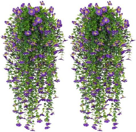RECUTMS Outdoor Fake Flowers Artificial Hanging Plants Faux Silk Shrubs Plastic Greenery for Living Room House Wall Window Porch Office Wedding Decor 4Pcs UV Resistant (Purple)
