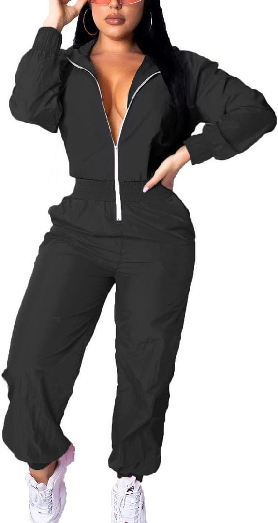 EOSIEDUR Women's Pullover Hoodies Jumpsuit Zipper Jacket Windbreaker Elastic Waistband Pants One Piece Outfits Tracksuit Set, XL