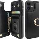 ONETOP for iPhone 12/12 Pro Wallet Case with Card Holder, 360 Rotation Ring Kickstand RFID Blocking PU Leather Double Magnetic Clasp Shockproof Cover for Women and Girls 6.1 Inch (Black)