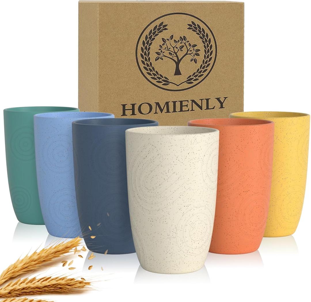 Homienly Drinking Glasses Premium Wheat Straw Unbreakable Cups - Set of 6 Alternative to Plastic Cups Reusable Unbreakable Drinking Cup Reusable Dishwasher Safe Water Glasses Tumblers (12 OZ) (Colorful)