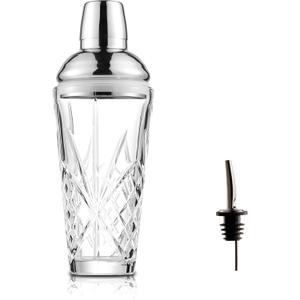 Glass Cocktail Shaker, 18.5oz Cutting Design Glass - Exquisite Martini Shaker for Elevated Mixology. Perfect for Crafting Artisan Cocktails, Martinis (Set of 1xShaker & 1xSilver Pourer)