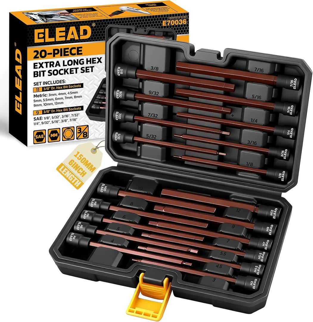 Extra-Long Allen Hex Bit Socket Set: 20-Piece 3/8 Inch Drive, 150mm S2 Steel, Standard SAE & Metric (1/8-Inch - 7/16-Inch, 3-12mm) for Impact Drills and Ratchet Wrenches