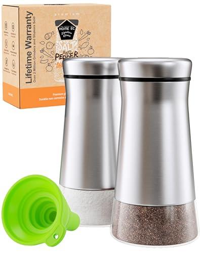HOME EC Original Salt and Pepper Shakers Set with Adjustable Pour Holes - Glass and Stainless Steel Salt Shaker and Pepper Shaker - Farmhouse Spice dispenser for salts, ground peppercorn and spices, Brushed Silver, 2 Pack
