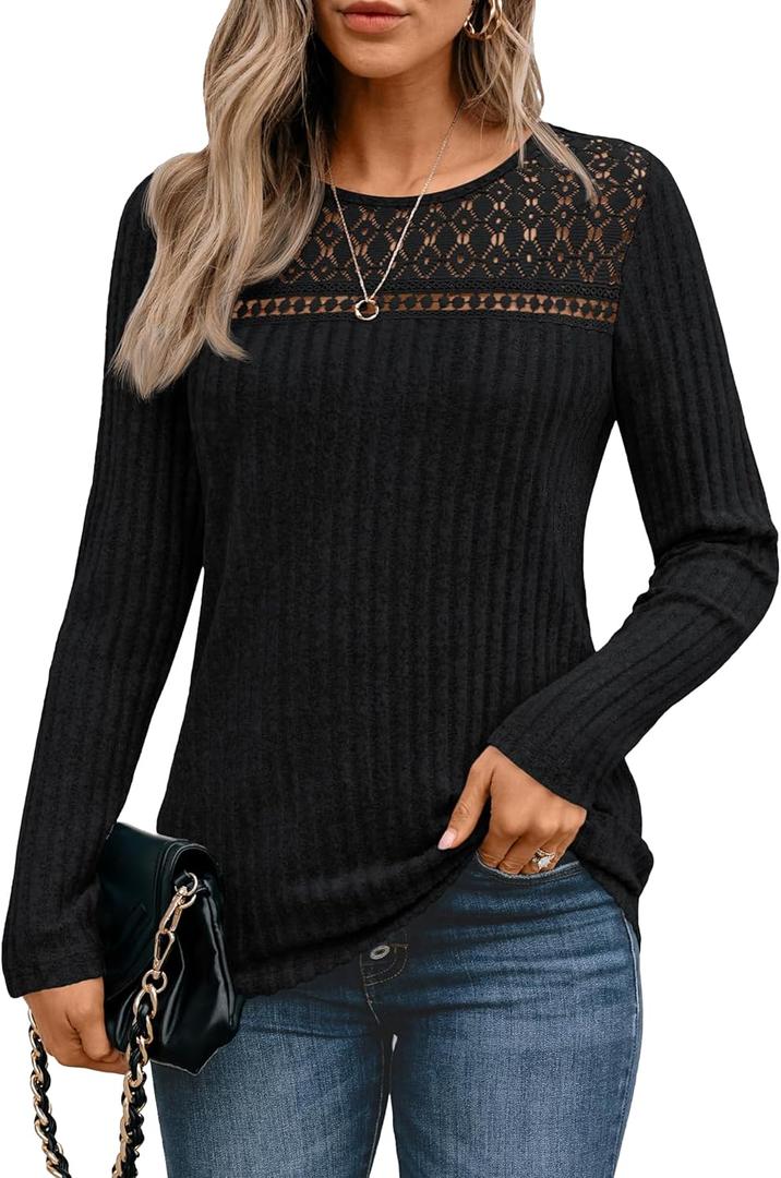 DERAX Women's Long Sleeve Shirt Top Crew Neck Lace Mesh Casual Dreesy Work 2026 Spring Tunic Blouse L