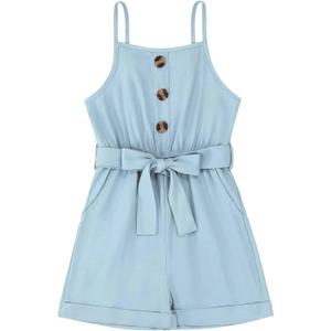 Huanye Girls Sleeveless Halter Romper Jumpsuit with Side Pockets (Blue)