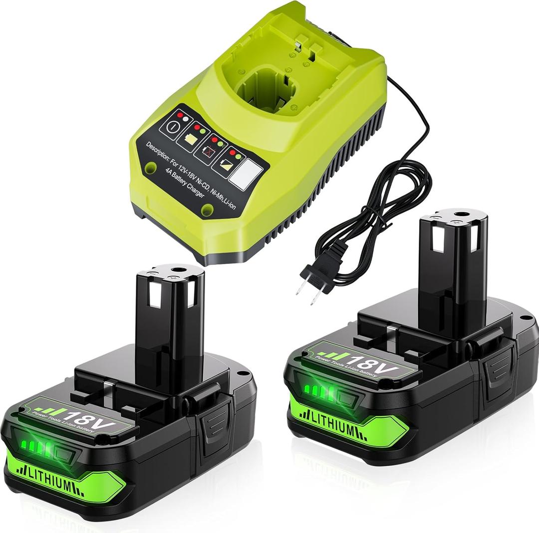 Bonacell 2Pack 18V 4000mAh Replacement for Ryobi 18V Battery and Charger Kit Combo for Ryobi Battery 18 Volt ONE+ P108 P107 P104 P105 P102 P103 260051002 P117 P118 P113 BCL1418 Cordless Tools