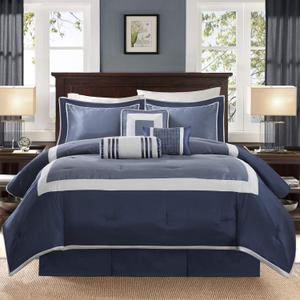 Madison Park Cozy Comforter Set-Deluxe Hotel Collection, All Season Down Alternative Luxury Bedding with Matching Shams, Decorative Pillows, King(104"x92"), Genevieve, Navy 7 Piece
