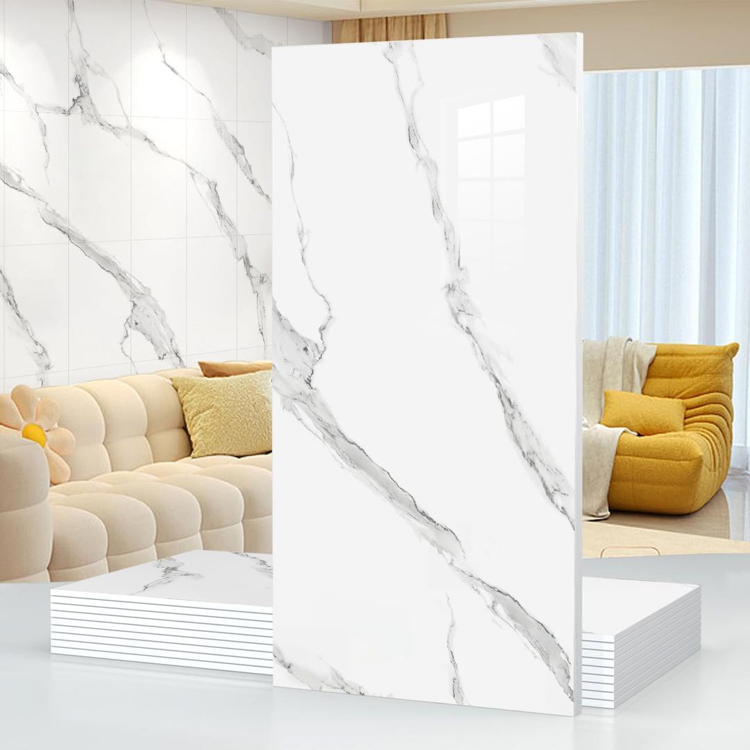 10pcs 23.6"x11.8" Marble Peel and Stick Waterproof Wall Panels - Heat-Resistant Backsplash Tile, PVC Wall Panels for Kitchen,Bathrooms,Living Rooms, Bedrooms, TV Walls,White Gray (19.4 Sq. Ft. )