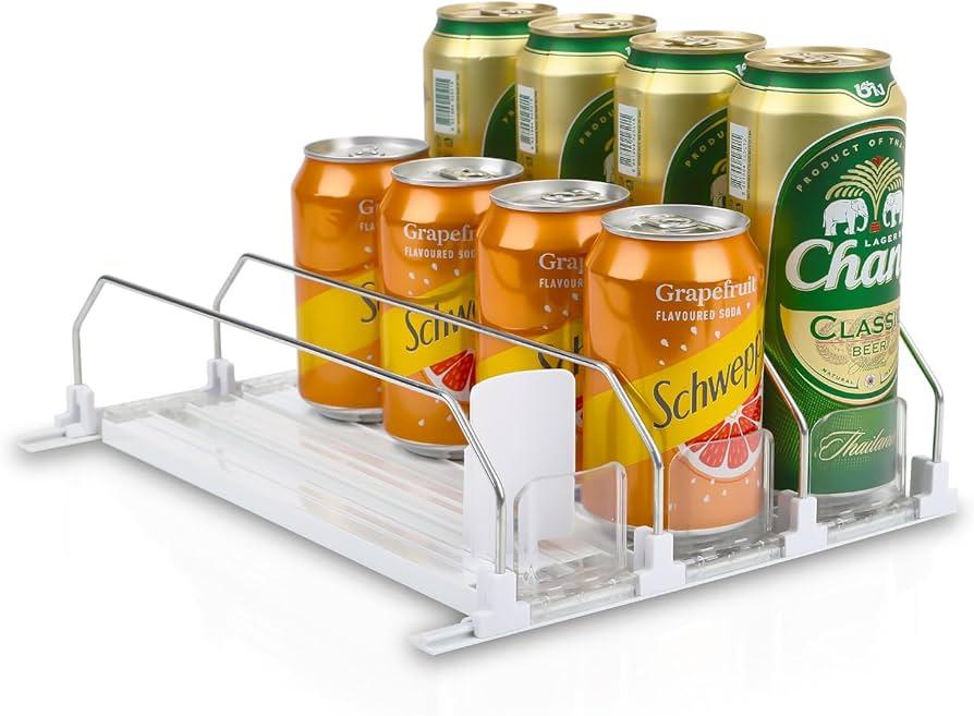 Soda Can Dispenser for Refrigerator  3 Row Automatic Pusher Glide, Fridge Bottle Rack Drink Organizer, SelfPushing Width Adjustable Beverage Storage Holds Up to 12 Cans (12.2inch, White)