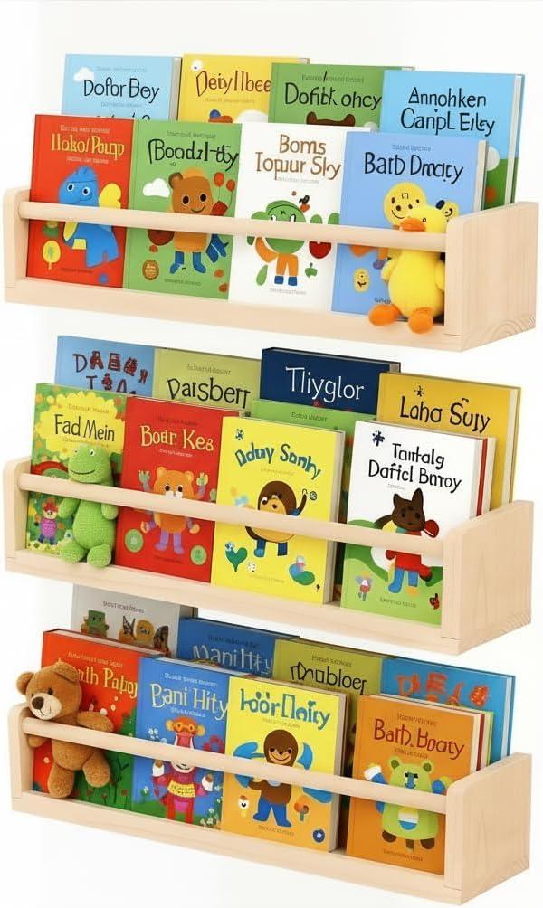 Natural Wood Nursery Floating Shelves Set of 3 Wall Mounted Kids Bookshelf & Toy Organizer 16 Inch Rustic Pine Hanging Display Book Shelves for Bedroom, Playroom, and Baby Decor