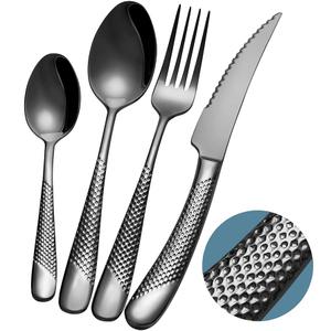 Xideman 16-Piece ​Modern Black Hammered Silverware Set with Ultra Sharp 2-IN-1 Serrated Knives, 18/ 10 Stainless Steel Flatware Set, Titanium ​Plated Cutlery Set Service for 4, Dishwasher Safe
