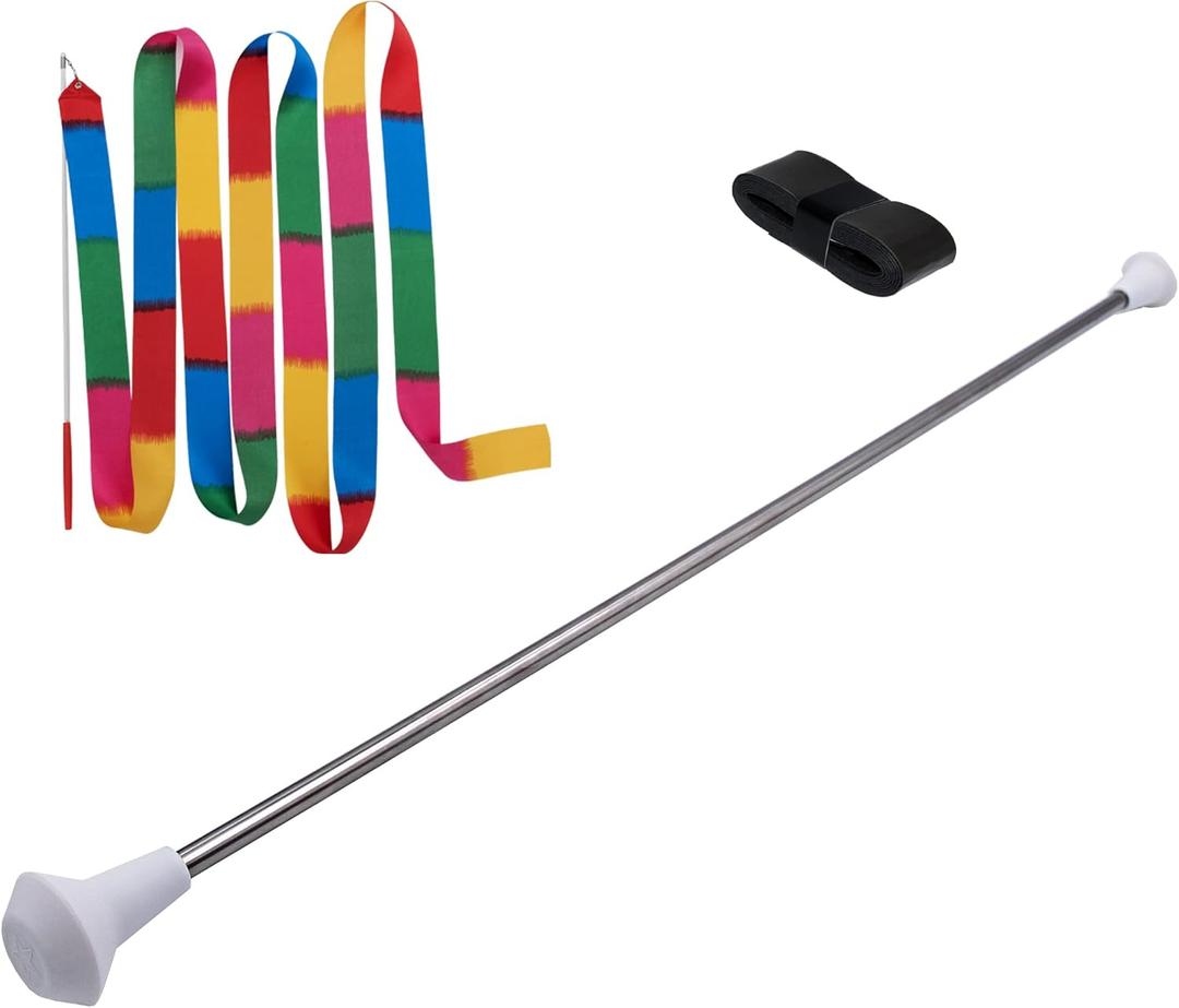 MVG Twirling Marching Baton 28 in stainless steel rubberized ends mini shaft 3/8 with dancing ribbon. Adult Baton.