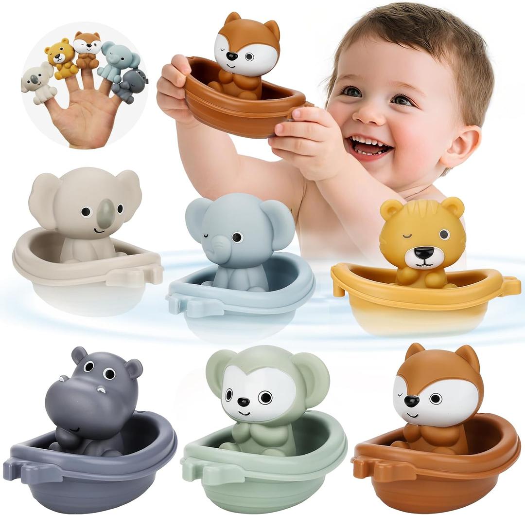 Bath Toys Float Boats for Kids Ages 18M+,Stackable Floaty Boat,Animal Finger Puppets,Toddler Toys Gifts for 2-4 Year Old Baby Gifts Valentines Easter Basket