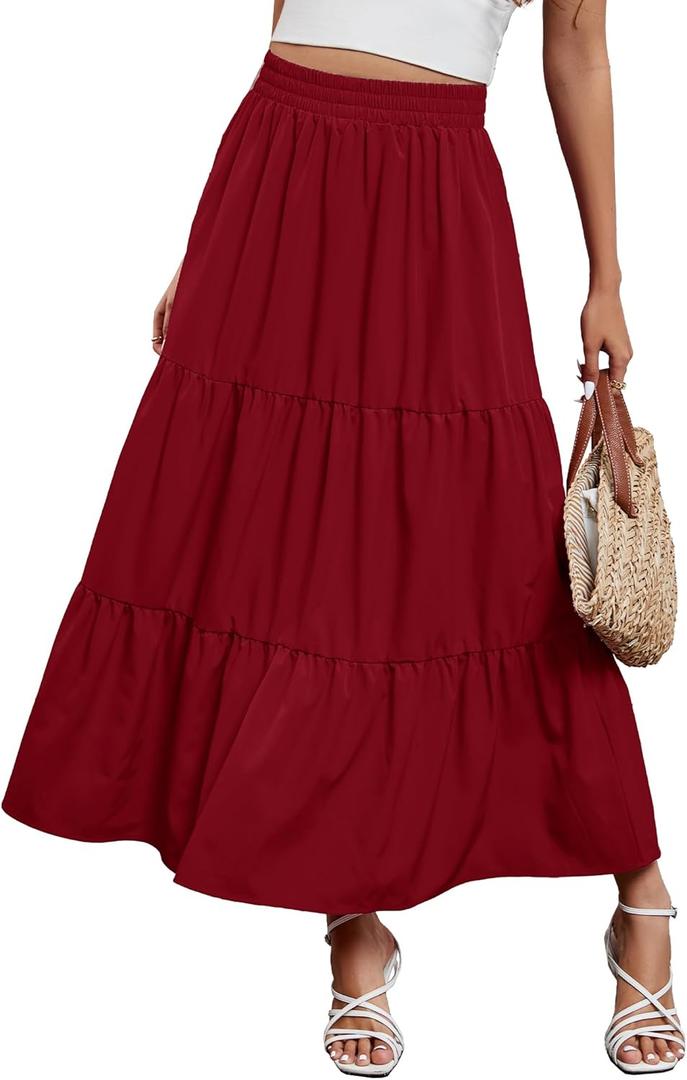 Arolina Maxi Skirt for Women Summer Boho Elastic High Waist Pleated A-Line Flowy Ruffle Swing Tiered Long Beach Skirt Dress , Red